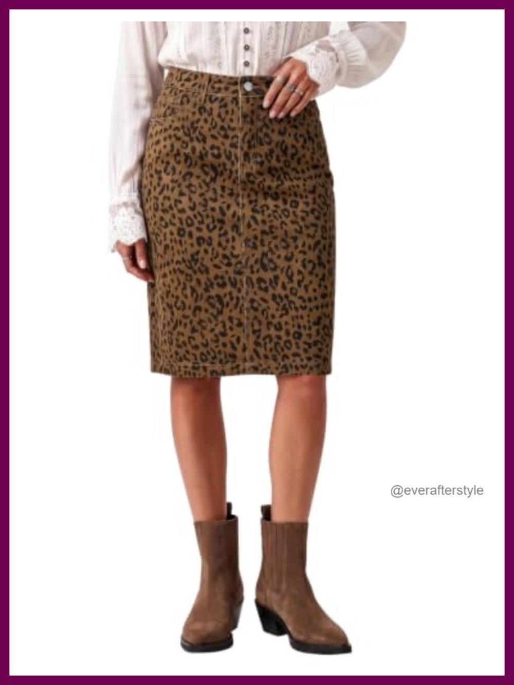 Leopard Print High Waisted A-Line Midi Denim Skirt Women Cotton Blend